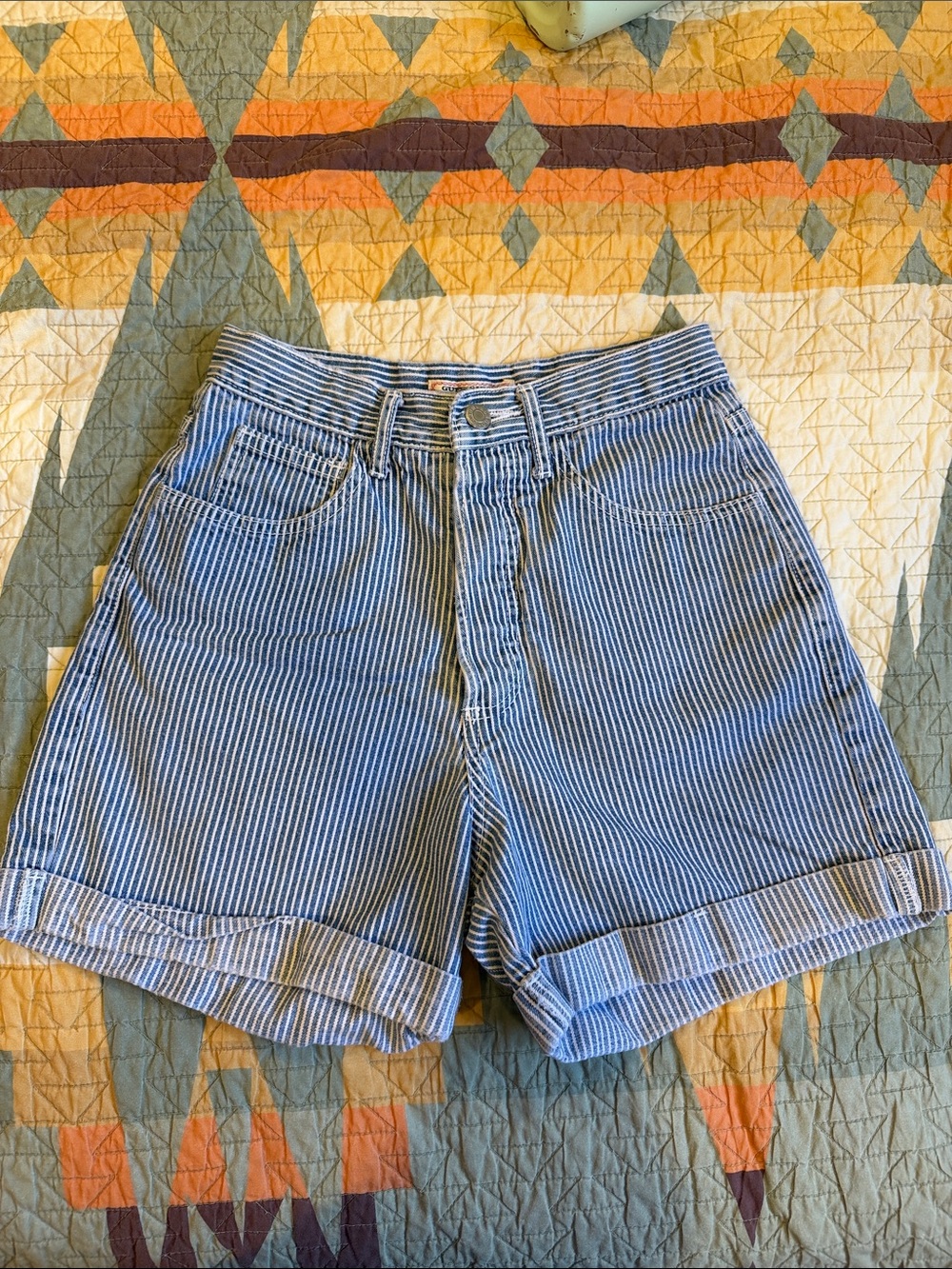 Guess Blue & White Striped High-Rise Bermuda Shorts